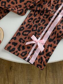 Genkimix Kids 2pcs Young Girl Leopard Print Bow Ribbon Decor Casual Fashion Short Sleeve T-Shirt + Bow Ribbon Decor Casual Fashion Straight Leg Pants - Brown - View 8
