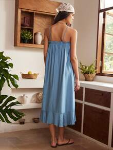 Lullawish Bohemian Style Vacation Casual Women's Long Strap Ruffle Hem Comfortable Loose Long Nightgown - Blue - View 2