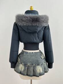 Elamini Women's Autumn/Winter Fashion Streetwear Apricot Vintage Patchwork Short Fleece Hooded Cinched Waist Stand Collar Long Sleeve Short Padded Coat - Green - View 2