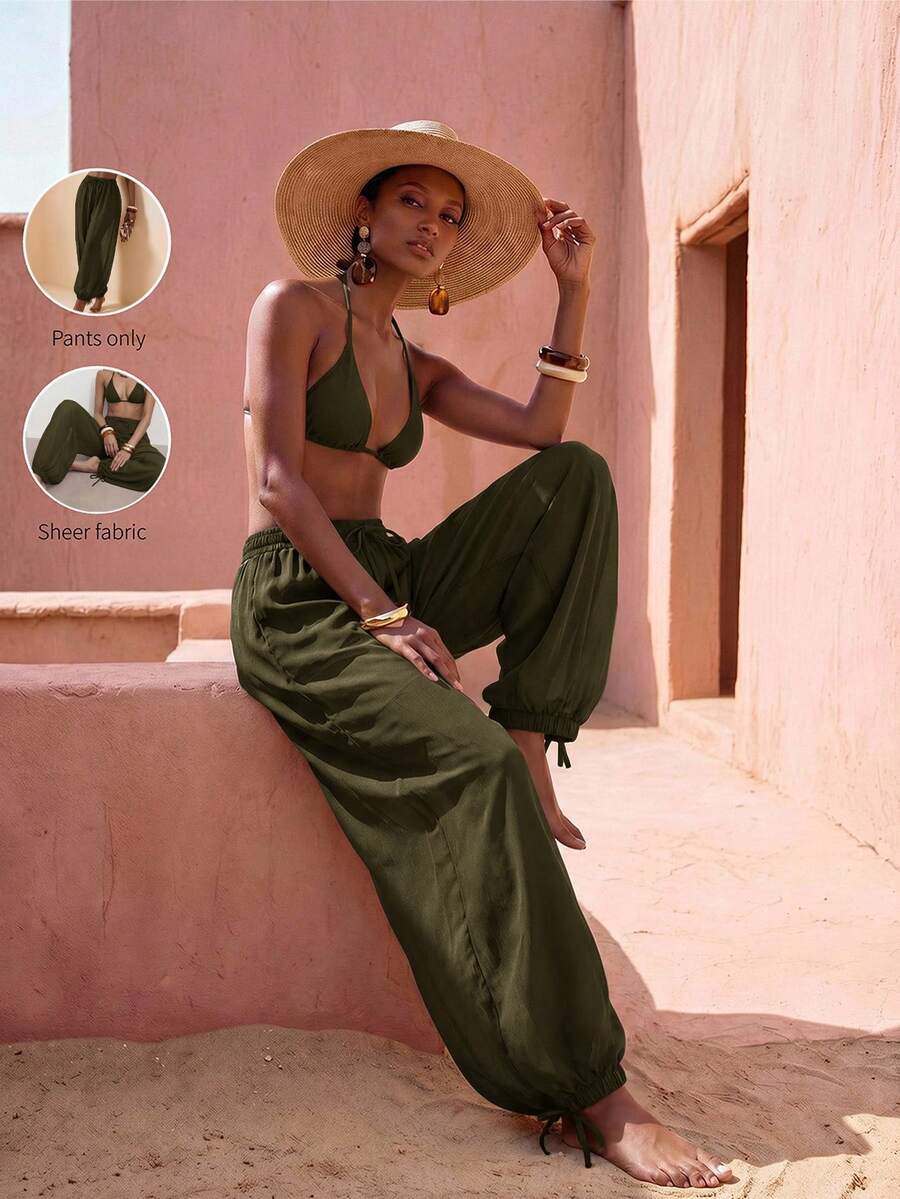 Zivah New Women's Vacation Casual Beach Pool Party Semi-Sheer Chiffon Fabric Elastic Waist Pants Cover-Up Bathing Suit Swimsuits - Army Green - View 1