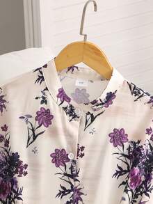 SHEIN 1件女款青少年夏季休閒時尚經典舒適短袖洋裝，紫色花卉印花立領短袖長版寬鬆襯衫裙，開衩下擺附配對腰帶，適合日常穿著、購物、度假等多種場合 - 紫色 - 查看 4