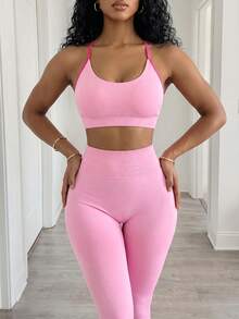 BamGleam Women's Fashion High Waist Contrast Color Seamless Activewear Set Pink Gym Set - Pink - View 3