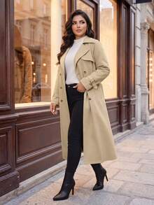 SHEIN Lady CURVE 大码女式卡其色双排扣翻领系带长款风衣，格子布内衬，带口袋，舒适保暖，2025新款，适合秋季、冬季、复古风、外出、秋季、风衣、冬季、秋季、办公室、秋季、优雅、秋季、万圣节服装、老钱风格、秋季、商务休闲、办公室、工作、职业女性、商务休闲、女性办公室着装、办公室服装，适合多种秋季场合 - 卡其色 - 查看 6