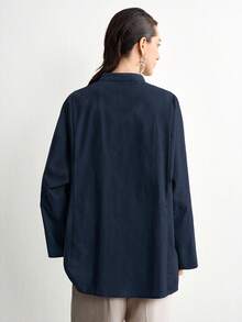 Aalyst Women's Summer New Cotton Linen Casual Minimalist Slouchy Versatile Holiday Premium Striped Craftsmanship Premium Shell Button V-Neck Premium Drop Shoulder Long Sleeve Blouse - Navy Blue - View 2