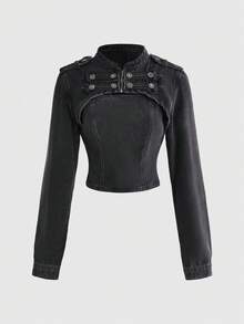 ROMWE Grunge Punk Punk Streetwear Napoleon Design Cropped Top & Fitted Bandeau 2 Pieces Set - Black - View 1