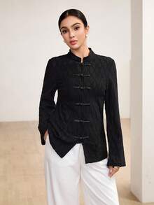 Graceveil Women's Elegant Casual Textured Fabric Frog Button Design Long Sleeve Blouse, Going Out Tops For Women, Autumn New Arrival - Black - View 5