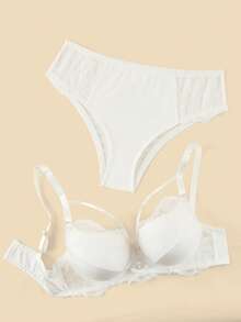 Bralution Solid Color Lace Comfortable Daily Underwire Molded Cup Support Fabric Patchwork Plus Size Lingerie Set Summer - White - View 8