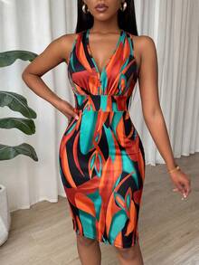 SHEIN Summer Tropical Print Halter Bodycon Mini Dress, Deep V Ruched Waistband,Sleeveless Backless Short Gown For Club And Party Music Festival Sexy Outfits - Multicolor - View 6
