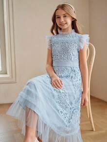 Anewsta Girls' Spring/Summer New Light Blue Lace A-Line Dress, Short Sleeve Tween Girl' Dress - Blue - View 6