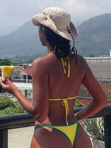 Sirith Bonvoyette Summer Beach Deep V Contrast Color Brazilian Element Sexy Bikini Swimwear Set - Green - View 9