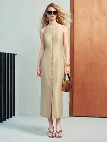 MOTF PREMIUM WOMEN'S SINGLE-BREASTED FRONT-OPENING WAIST-CINCHING BACKLESS HALTER NECK LONG DRESS BRUNCH CHAMPAGNE SUMMER ELEGANT - Apricot - View 4