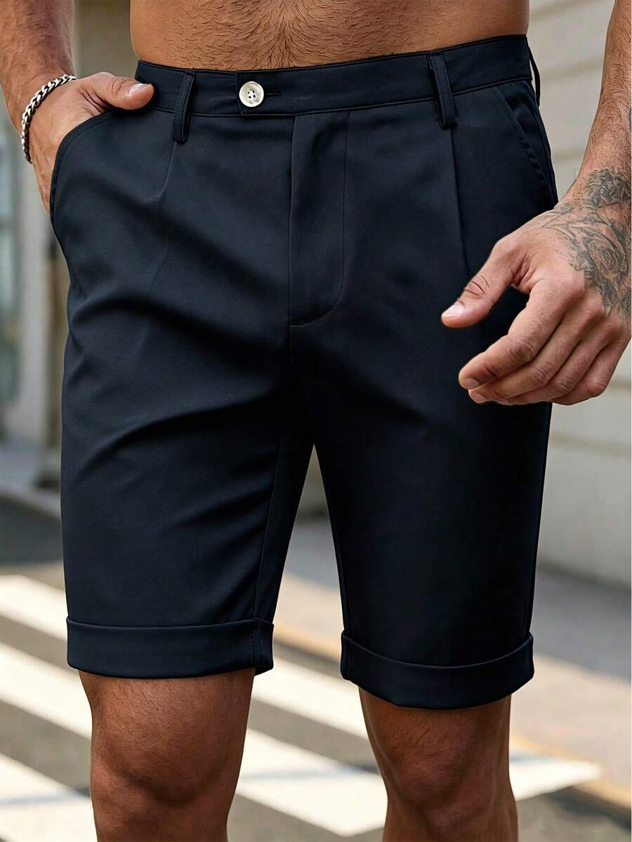 Manfinity Homme Pantalones cortos casuales de talla grande para hombres, de unicolor, con bolsillos plisados y en diagonal - Azul Marino - Ver 1