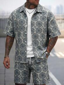 Manfinity CasualCool Men's Casual Jacquard Shirt And Shorts Set - Dusty Blue - View 5