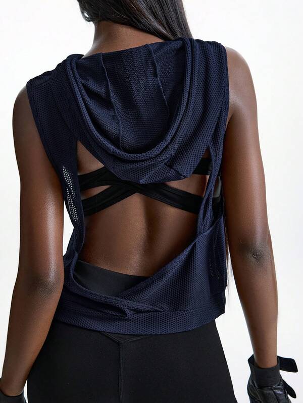 Innovista Innovista Women's Sleeveless Hoodie Blue Loose Fit Mesh Sweatshirt Open Back Breathable Drawstring Athleisure Gym Running Yoga Pilates Streetwear