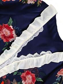 EMERY ROSE 女款花卉印花拼接荷葉邊長袖時尚襯衫，度假穿搭 - 藏蓝色 - 查看 7