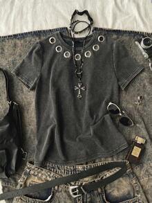 Attitoon Women's Summer Casual Washed Metal Decor T-Shirt - Black - View 1