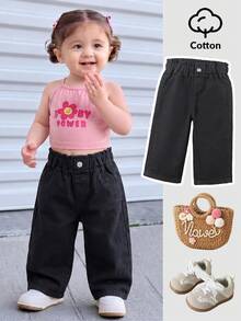 SHEIN Vintage Loose Fit Wide Leg Denim Pants With Pleated High Waistband For Baby Girls Autumn Fall - Black - View 1