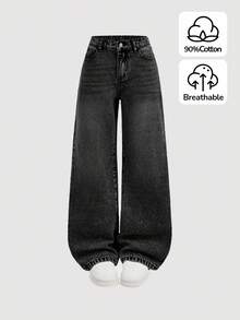 SHEIN 青少年女孩寬腿寬鬆休閒百搭牛仔褲，附口袋 - 黑色 - 查看 1