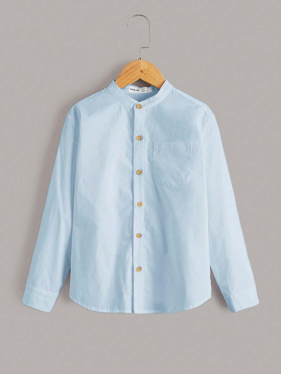 SHEIN 青少年男孩純色長袖單排扣休閒口袋襯衫 - 藍色 - 查看 1