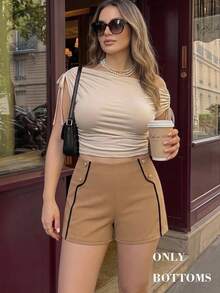SHEIN MOD Plus Size Early Summer High Waist Shorts, Contrast Edge Design, Elegant Commute, Casual Daily Wear, Date Night - Camel - View 9