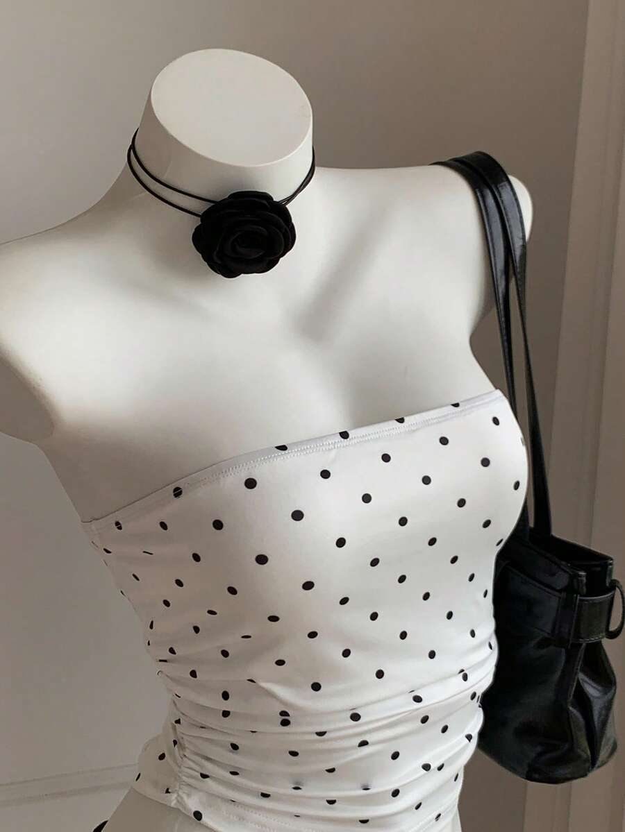 Comfortcana Women's Polka Dot Print Fashion Pleated Bandeau Tops 3pcs Set - Multicolor - View 1
