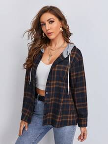 SHEIN LUNE Contrast Hooded Tartan Coat In Fall/Winter,Casual - Multicolor - View 5