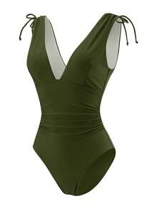 Swim Vcay 女款一件式抽繩深V領無鋼圈比基尼泳衣 - 軍綠色 - 查看 7