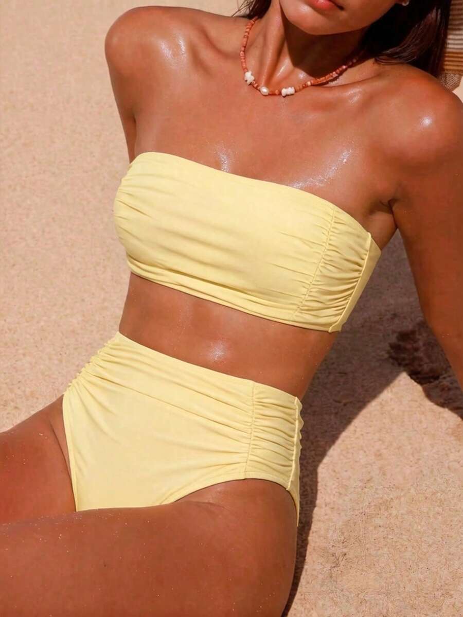 Swim Vcay Women's Solid Color Bandeau Bikini Set With Side Ruched Details, Beach Summer Outfit - Pale Yellow - View 1