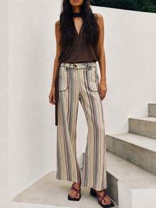Nöista Multicolour Vertical-Stripe Wide-Leg Trousers With Front Patch Pockets. Everyday Outfits, Casual, College, Day-To-Night, Fall, Autumn, Winter. - Pink - View 8