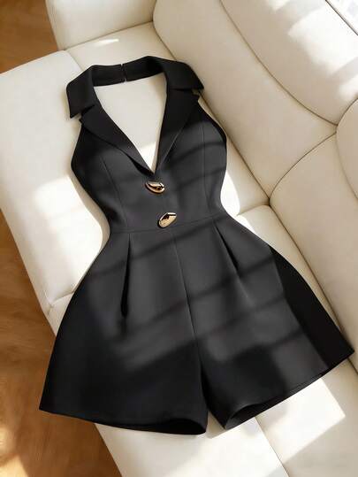 SHEIN Franclia Elegant Fashion Minimalist Outdoor Commute Business Office Date Party Gathering Halter V-Neck Sleeveless Women's Jumpsuit