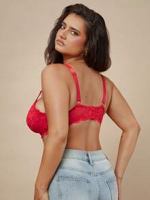SHEIN BAE CURVE 1件装女士加大码蕾丝拼接舒适钢圈文胸 - 紅色 - 查看 2