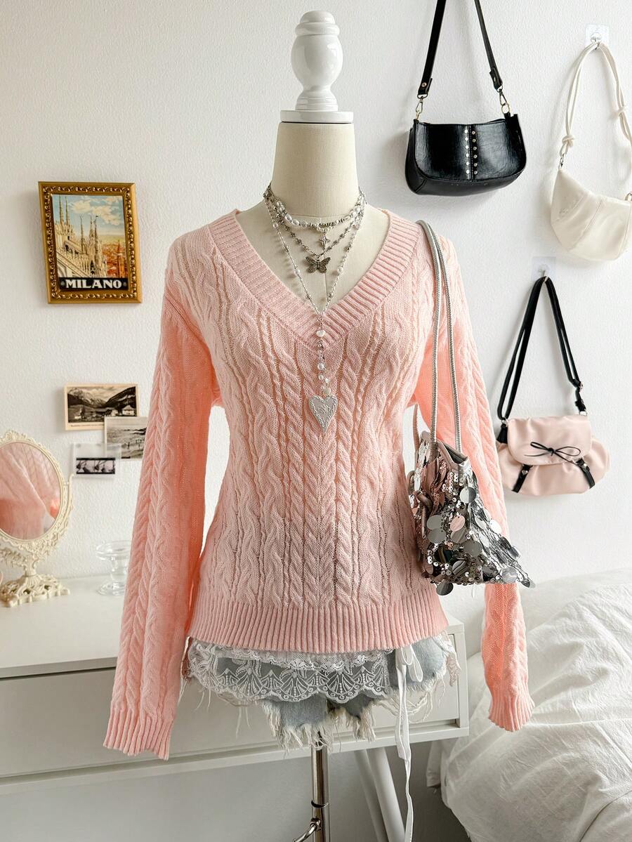 Soleia Women's Sweet Fashion Rope Detail Long Sleeve Sweater For Party And Date - Baby Pink - View 1