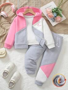 Elladie kids 女童秋冬時尚拼色拼接連帽拉鍊運動衫與戶外休閒錐形長褲兩件套 - 彩色 - 查看 1