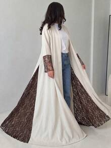 Yasveil 女款卡其色梭織長袖下擺開衩棕色蕾絲拼接優雅休閒長袍 - 彩色 - 查看 7