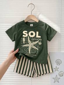 SHEIN 小男孩 T-shirt 套裝 海星圖案圓領柔軟針織短袖上衣搭配條紋梭織短袖短褲，可愛時尚百搭基礎田園度假鄉村風條紋，韓系兩件套，小男孩短袖短褲套裝，海洋度假風，極簡條紋風 - 綠色 - 查看 4