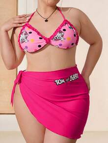 TOM & JERRY X SHEIN Plus Size 3pcs Sexy Polka Dot Cartoon Pattern Bikini Set In Pink, Summer - Pink - View 1