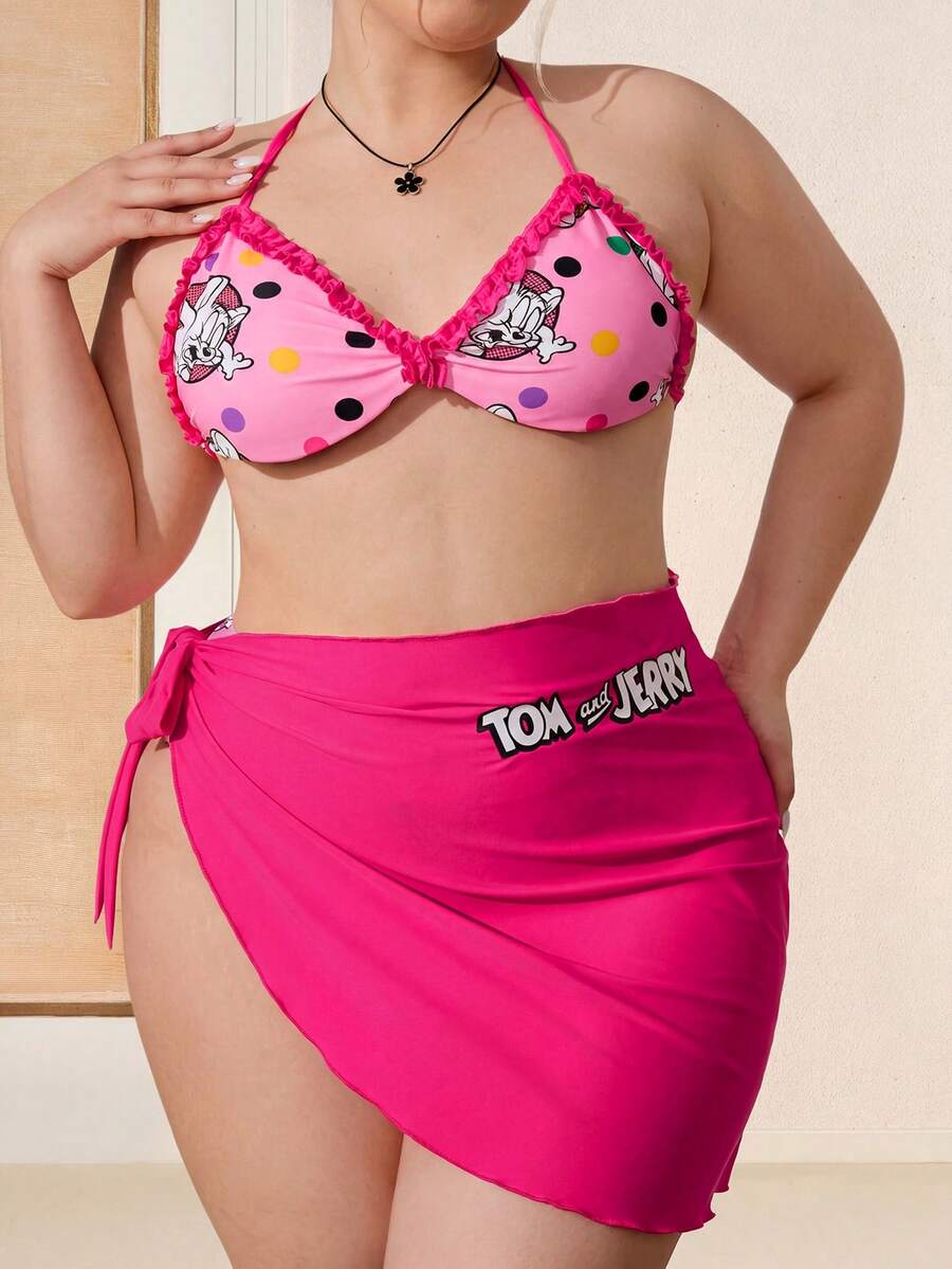 TOM & JERRY X SHEIN Plus Size 3pcs Sexy Polka Dot Cartoon Pattern Bikini Set In Pink, Summer - Pink - View 1