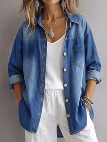 EMERY ROSE Áo khoác denim nữ size lớn tay dài cài nút đơn phong cách thường ngày thập niên 90 có túi màu xanh navy cho hẹn hò, du lịch, mùa thu - Màu xanh lam - Xem 1