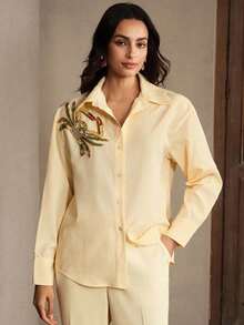 Anewsta Chemise décontractée à manches longues boutonnée simple avec motif crabe pour femmes - Jaune citron - Voir 3