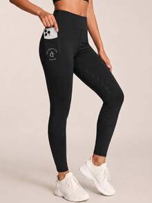 SHEIN BAE Women's Letter Print High Waist Equestrian Pants Sports - Black - View 4