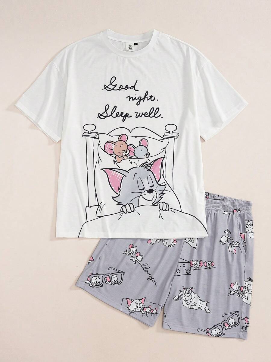 TOM & JERRY X SHEIN 男士卡通印花上衣與短褲居家休閒套裝 - 白色 - 查看 1