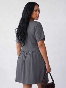 Solavibe Plus Size Women's Solid Color Round Neck Short Sleeve Pocket Design Casual Dressy Dress Dinner Formal Home Wear Date Night Grey Summer - Grey - View 3