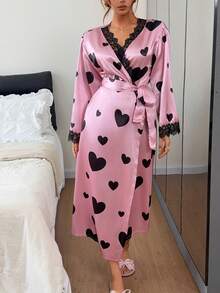 Napfluff Jubah Lengan Panjang Berenda Motif Hati dengan Ikat Pinggang - Coral Pink - View 5