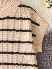 Calvaya Plus Size Striped Print Casual Daily Wear Short Sleeve Knit Top For Summer - Apricot - View 6