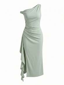 GalTyme Plus Size Women's Asymmetrical Shoulder Ruched Slit Design Casual Party Dress - Green - View 5