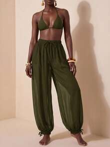 Zivah New Women's Vacation Casual Beach Pool Party Semi-Sheer Chiffon Fabric Elastic Waist Pants Cover-Up Bathing Suit Swimsuits - Army Green - View 5