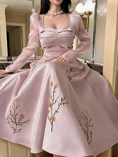 Feyla Women's Elegant Floral Embroidered Dress