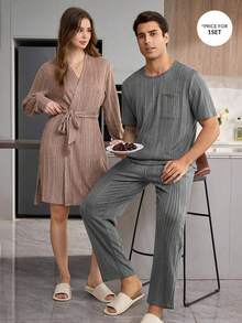 CoupledUp Conjunto de Pijama Masculino com Camiseta de Manga Curta e Calça de Textura Macia, Roupa de Descanso - Chumbo - Visão 7