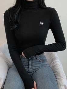 DAZY 女款高領動物印花修身休閒T恤 - 黑色 - 查看 3