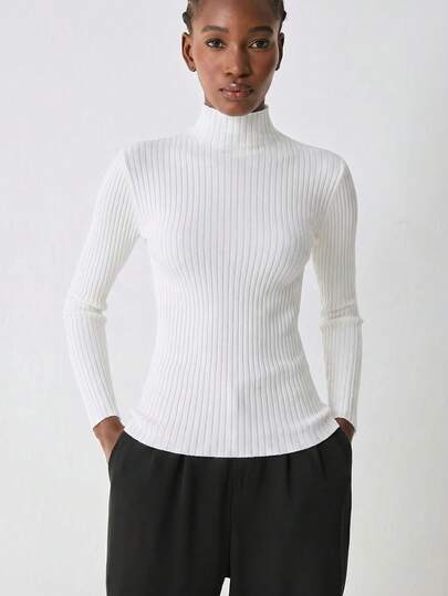 SHEIN YARNWELL Top de punto de manga larga para mujer, color liso, cuello alto, ajuste ceñido, versátil para uso diario